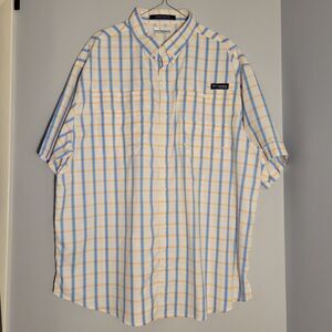 Columbia PFG Super Tamiami Shirt Men's XL Blue Orange White Fishing Omni-Shade